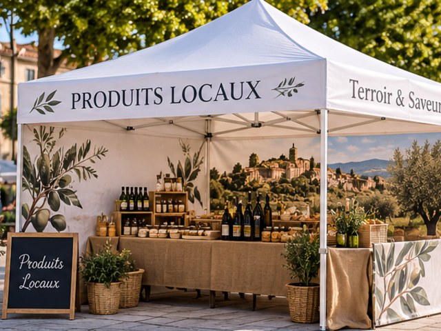 Tente publicitaire pliante 2,5x2,5 m – cadre acier blanc – Marchés et producteurs locaux