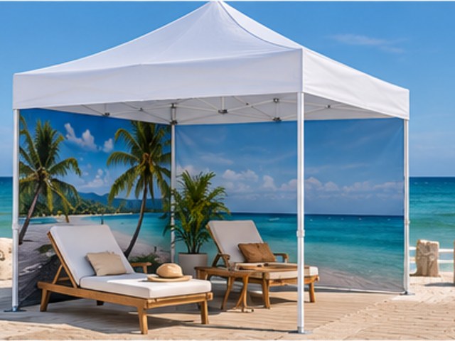 Tente publicitaire pliante 2,5x2,5 m – cadre acier blanc – Plages, hôtels et campings