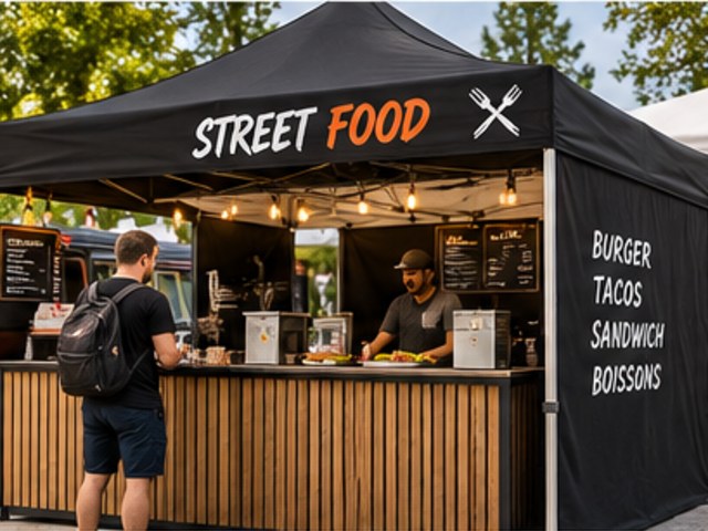 Tente publicitaire pliante 2,5x2,5 m – cadre acier blanc – Street food et restauration